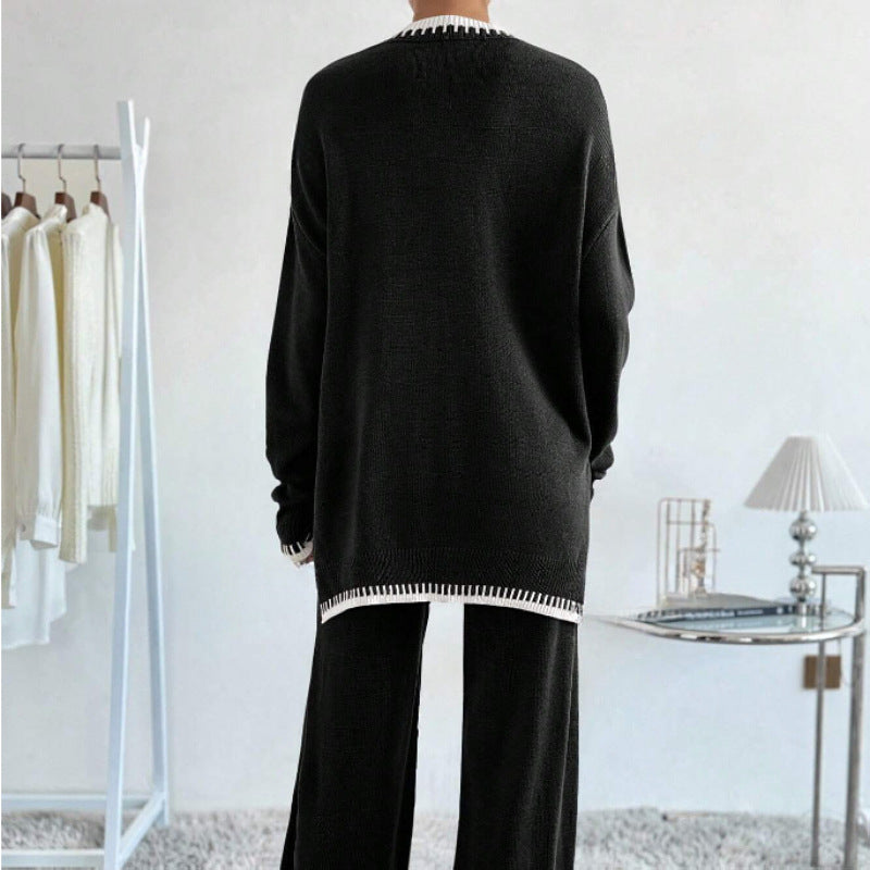 Women's Casual Contrast Color Knitted Trousers Two-piece Suits