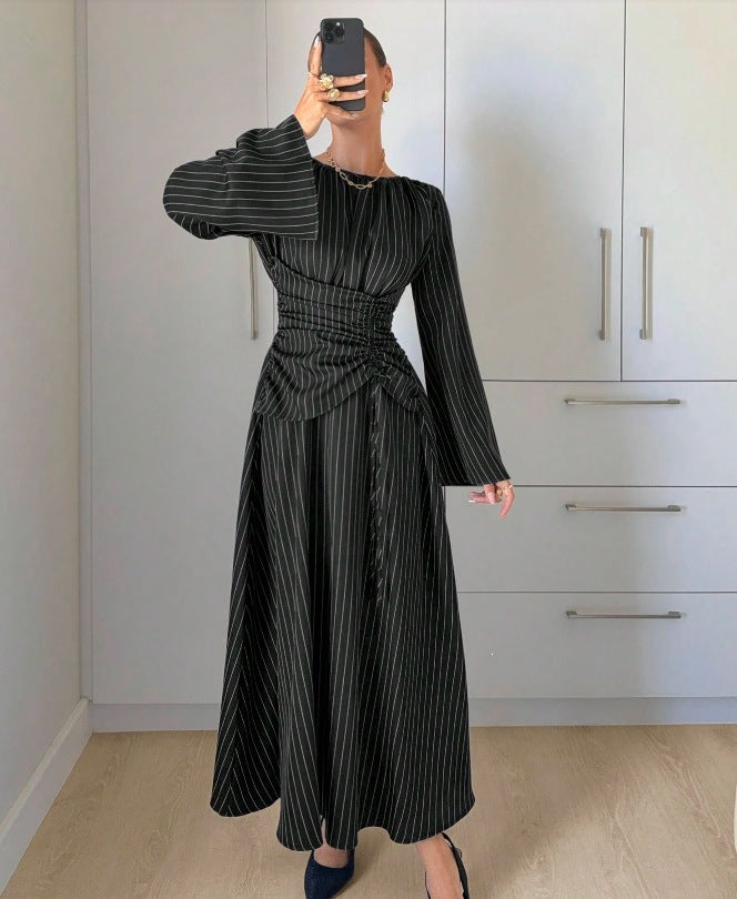 Vertical Stripes Long Sleeve Round Neck Pleated Nipped Waist Slimming Dress