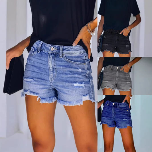 Women's Denim High Waist Elastic Hole Shorts