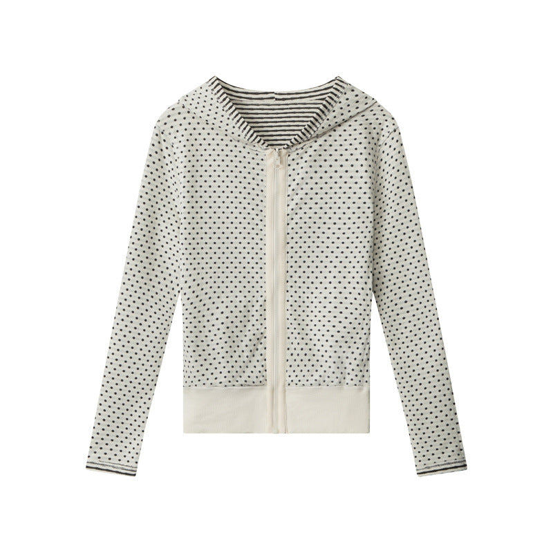 Women's Striped Dotted Two-sided Wear Design Hooded Sweaters