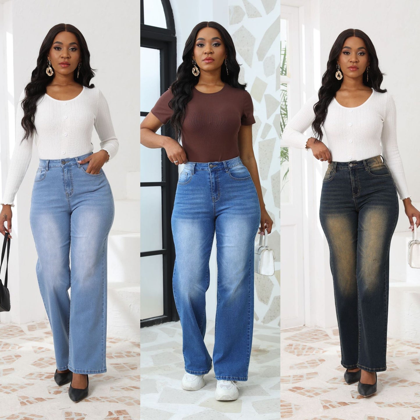 Women's Denim High Elastic Trousers Retro Straight Jeans