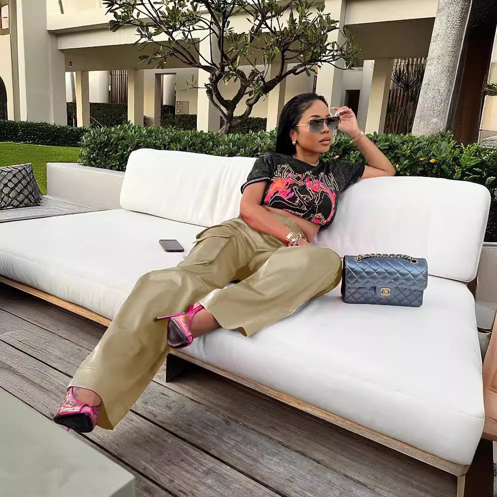 Casual Zipper Solid Color Loose Zip Pants