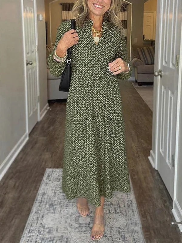 Collar Sleeve Digital Printing Diamond Pattern Dress