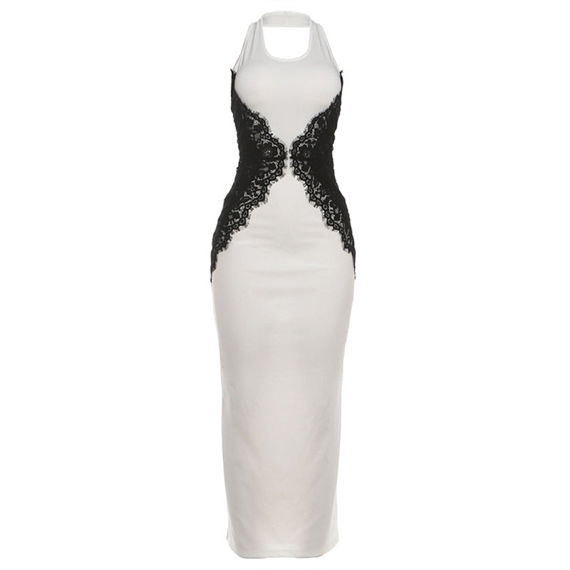 Women's Lace Stitching Contrast Color Slim Fit Dresses