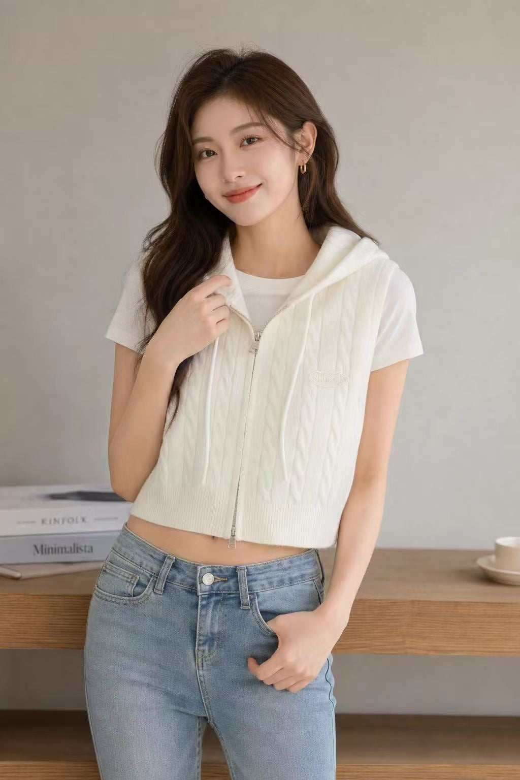 Women's Hooded Twist Waistcoat Outer Wear Loose Cardigans