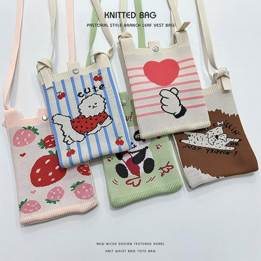 Women's Cartoon Puppy Knitted Mini Commute Portable Phone Bags