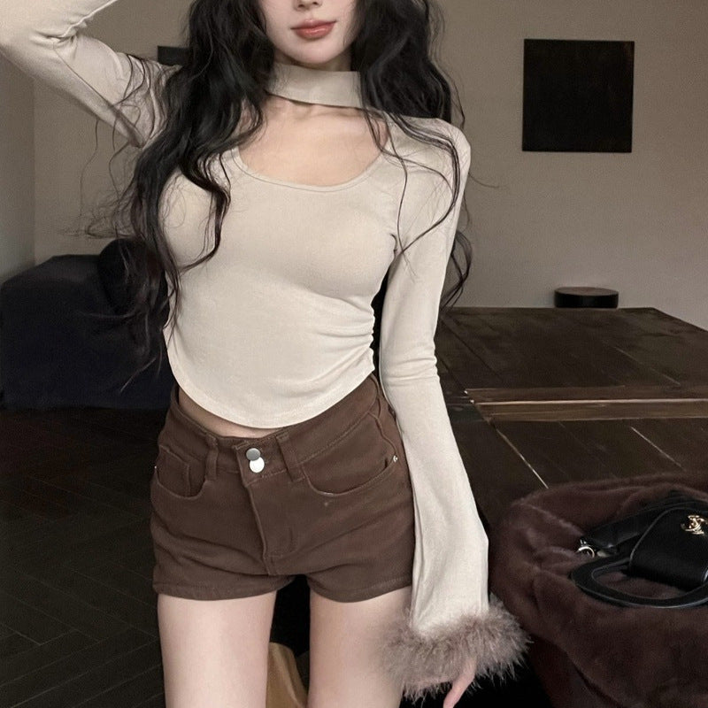 Winter Pure Sexy Hot Style Plush Stitching Collar T-shirt Blouses