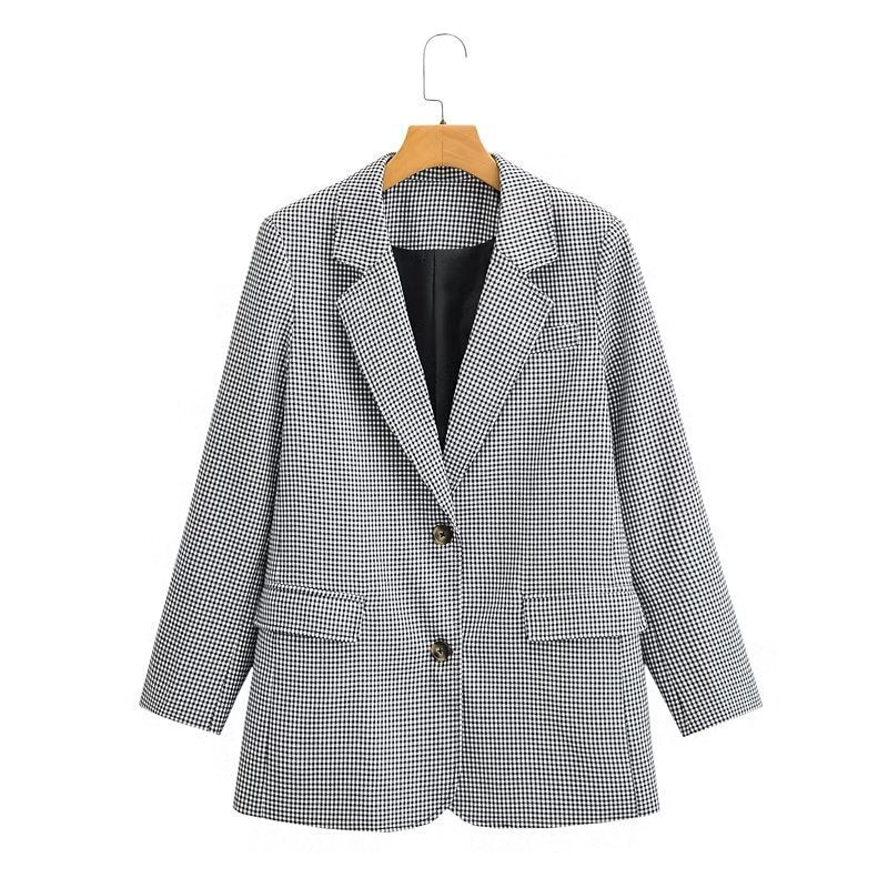 Women's Autumn Collar Plaid Casual Loose Long Blazers