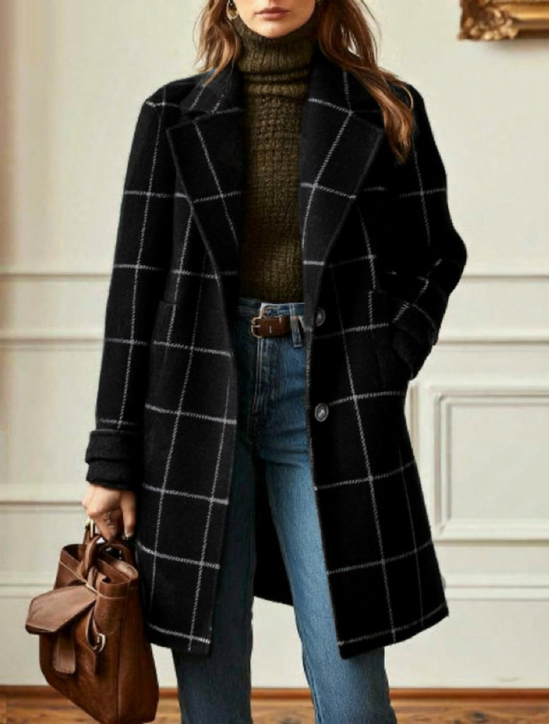 Women's Plaid Casual Temperament Mid-length Turn-down Collar Coats