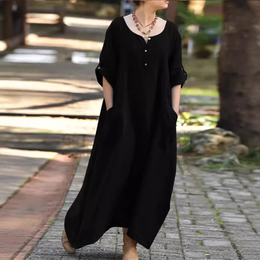 Women's Casual Loose Long Sleeve Pocket Party Cotton Linen Dress