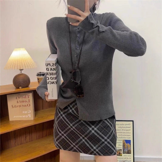 Women's Turtleneck Stand Collar Decorative Buttons Slim Knitwear