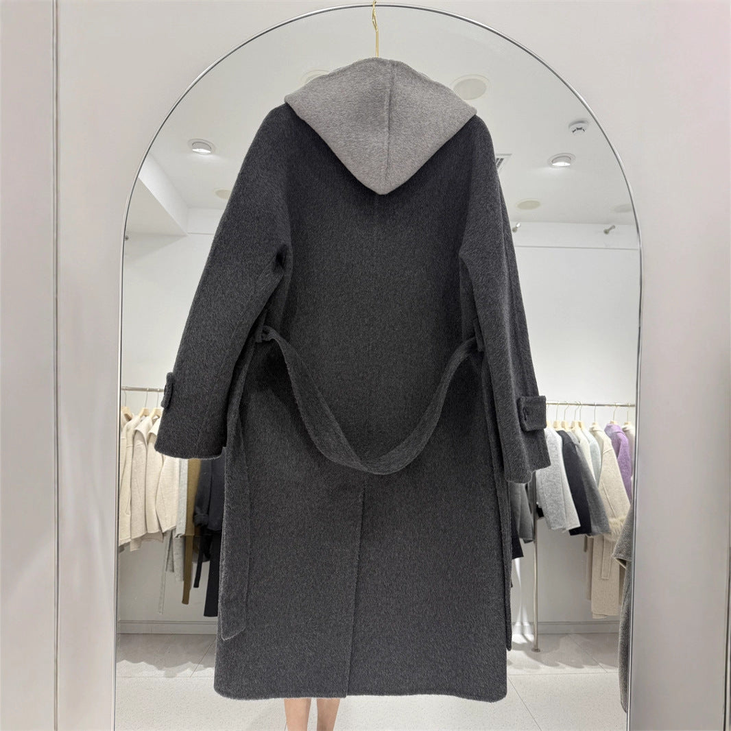 Women's Hooded Fake Two Pieces Woolen Long Winter Hepburn Style Coats