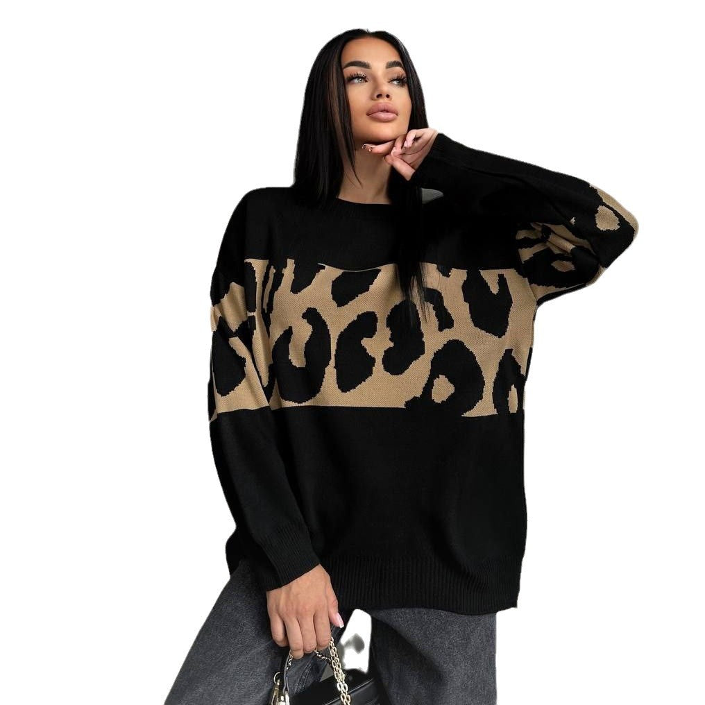 Women's Fashionable Leopard Print Loose Casual Long Sleeves Round Sweaters