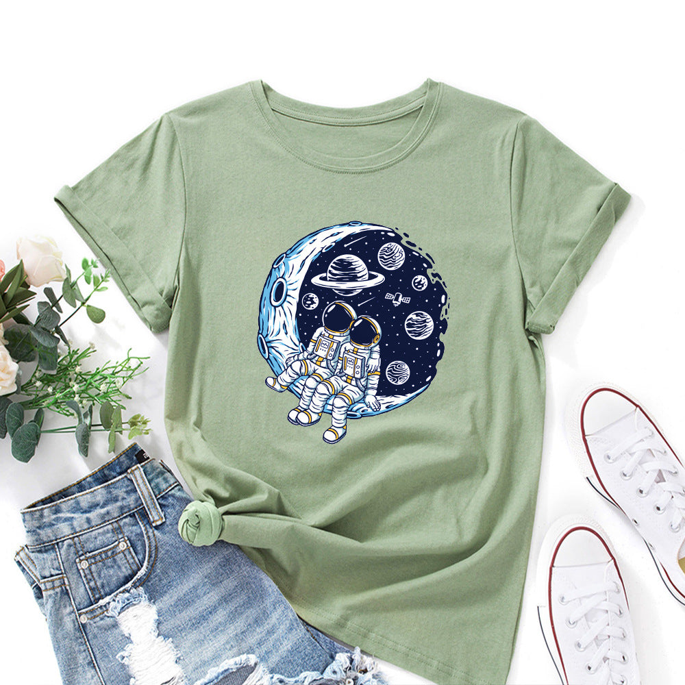 Women's Cotton Loose Round Neck Sleeve Moon Women's T-shirt