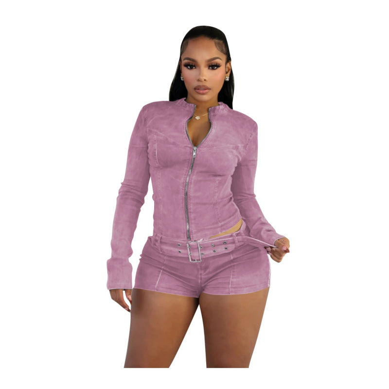 Creative Denim Long Sleeve Stretch Belt Suits