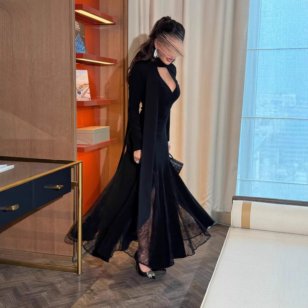 Women's Clothes Round Neck Stitching Lace Long Sleeve Dresses