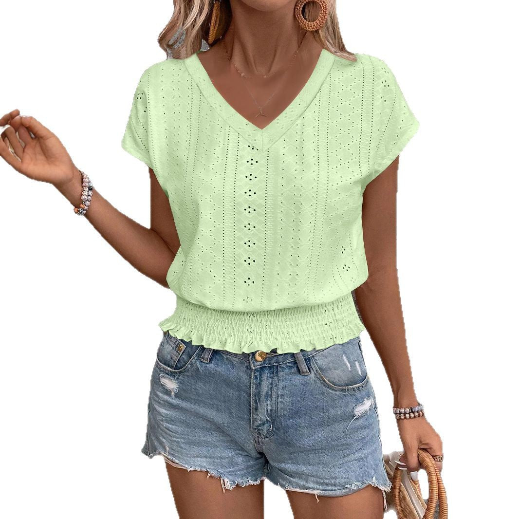 Women's Jacquard Smocking Short-sleeved Fashion Casual Women's T-shirt