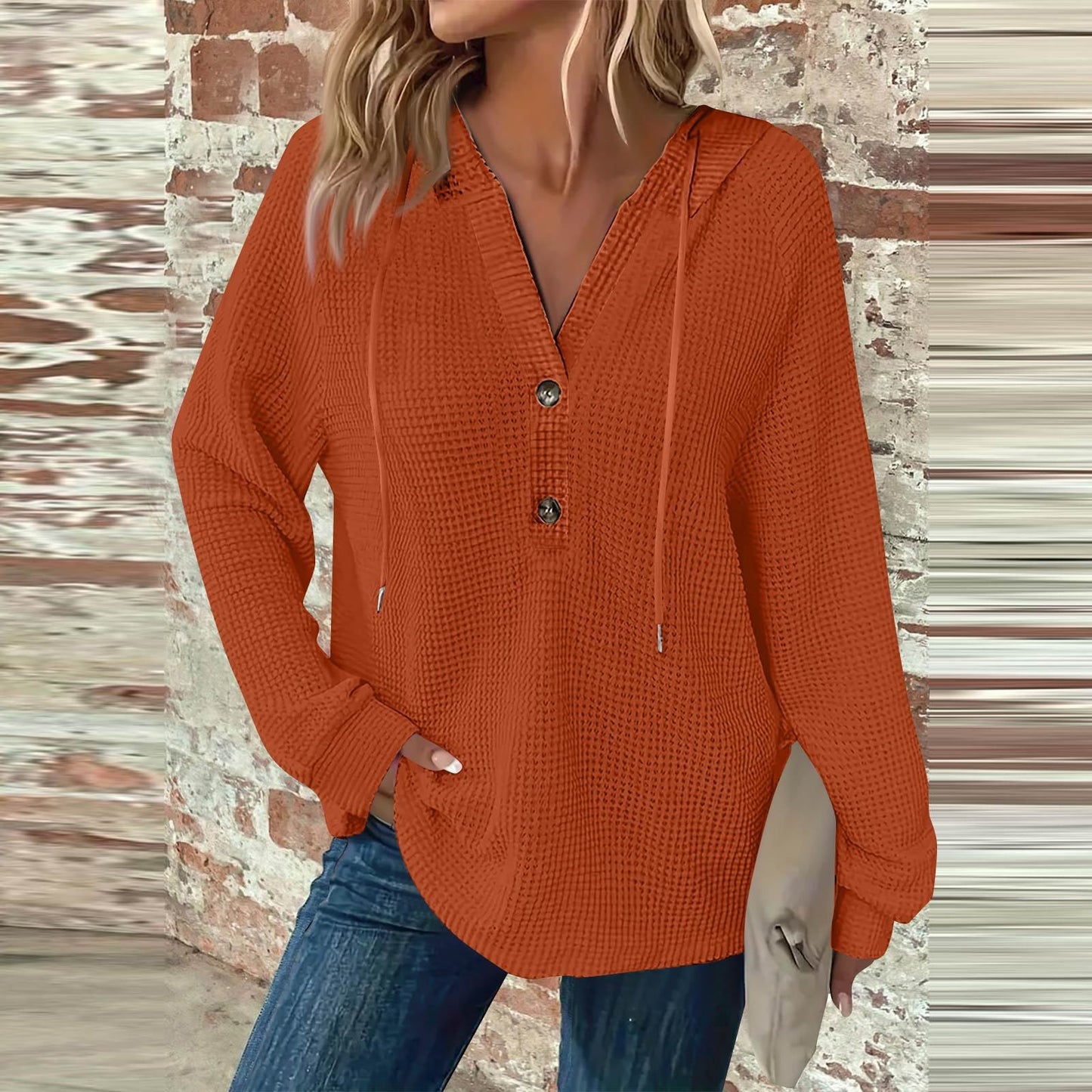 Women's Hoodie Waffle Knit Drawstring Button Long Sleeve Pullover Leisure Sweaters