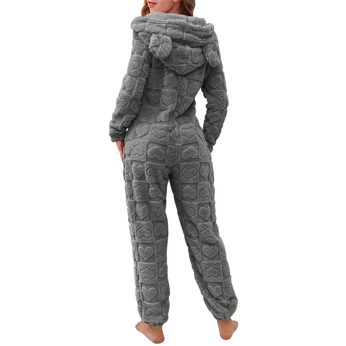 Women's Solid Color Fluff Zipper Hooded Ear Jumpsuits