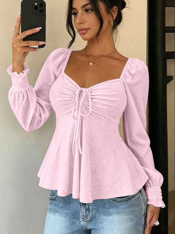Women's Drawstring Smocking Sexy Sleeve Solid Color Women's T-shirt