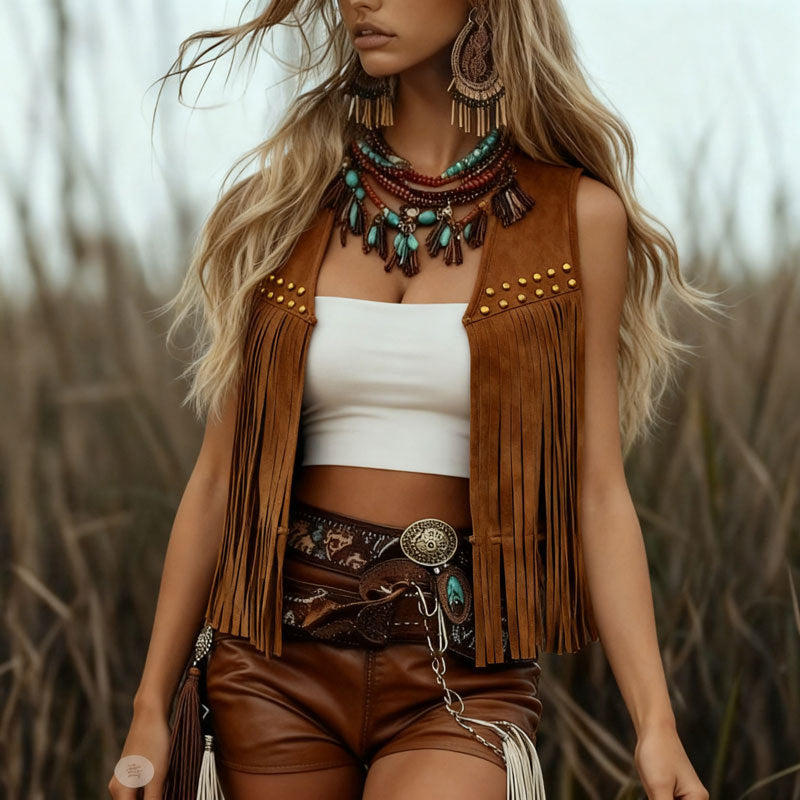 Women's Tassel Hippie Suede Rivet Sleeveless Waistcoat Jackets