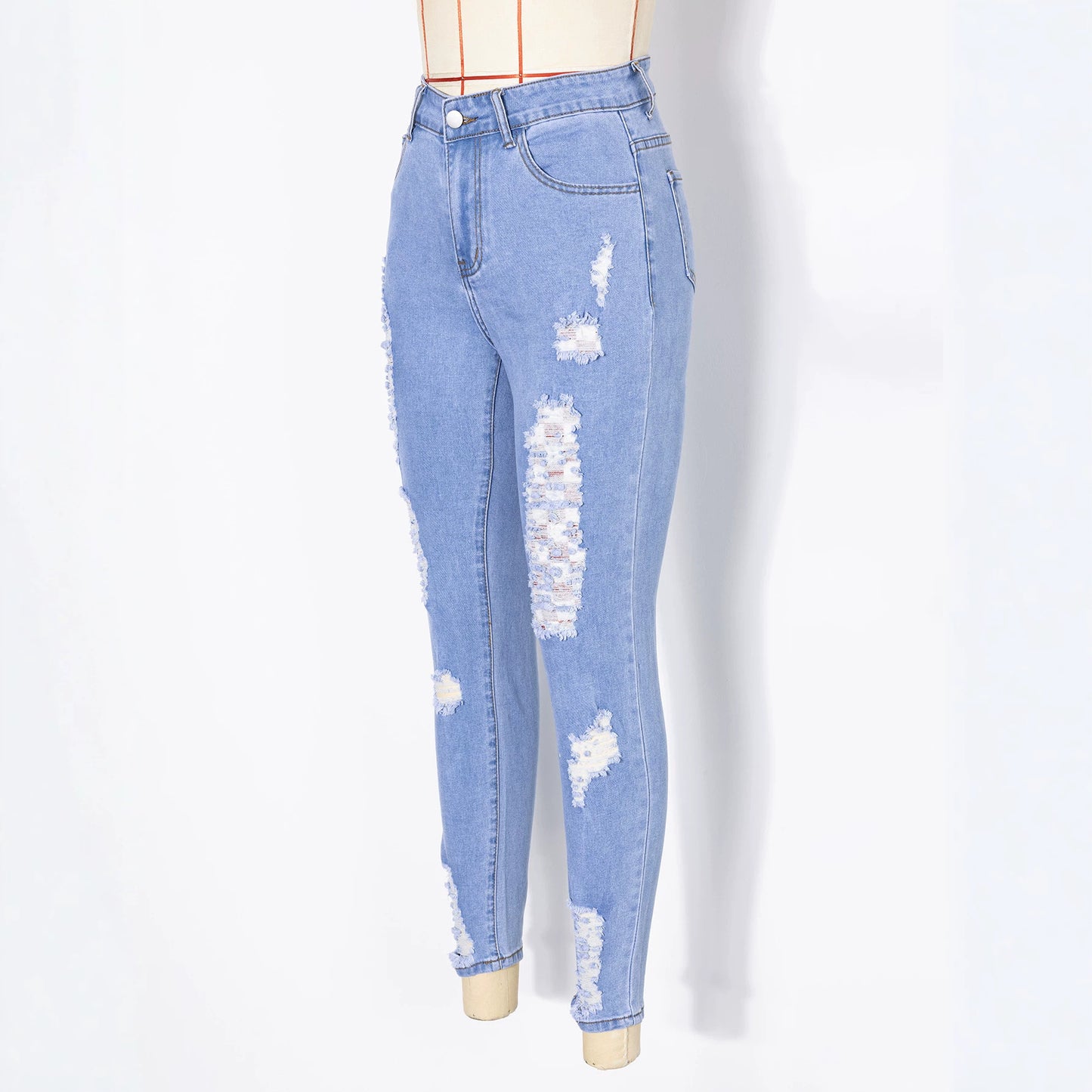 Women's Hip Red Plaid Patch Ripped Slim Fit Casual Fashion Stretch Women's Jeans