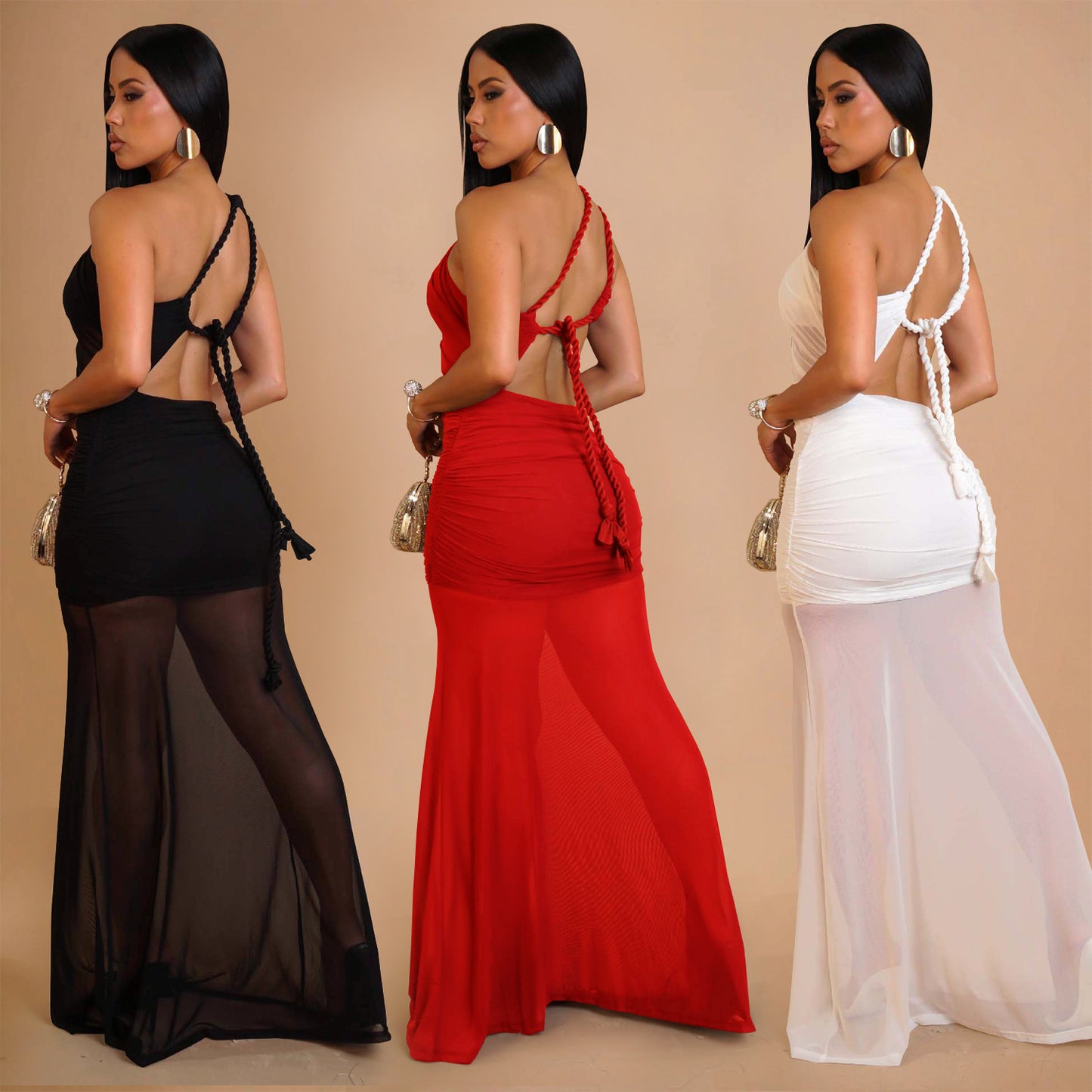 Women's Fashion Wear Sexy Oblique Shoulder Mesh Dresses