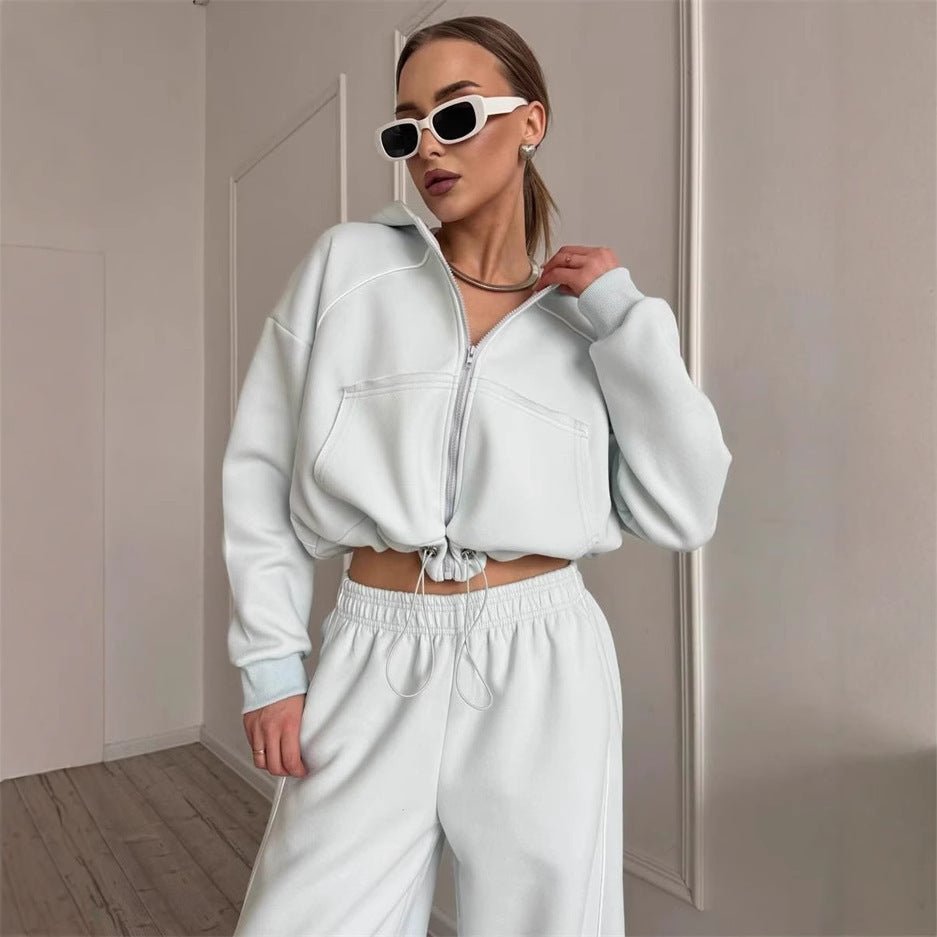 Women's Casual Sports Solid Color Long Sleeve Zipper Outerwear Suits