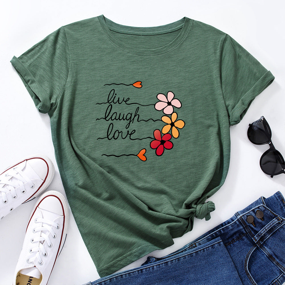 Women's Cotton Loose Round Neck Sleeve Women's T-shirt