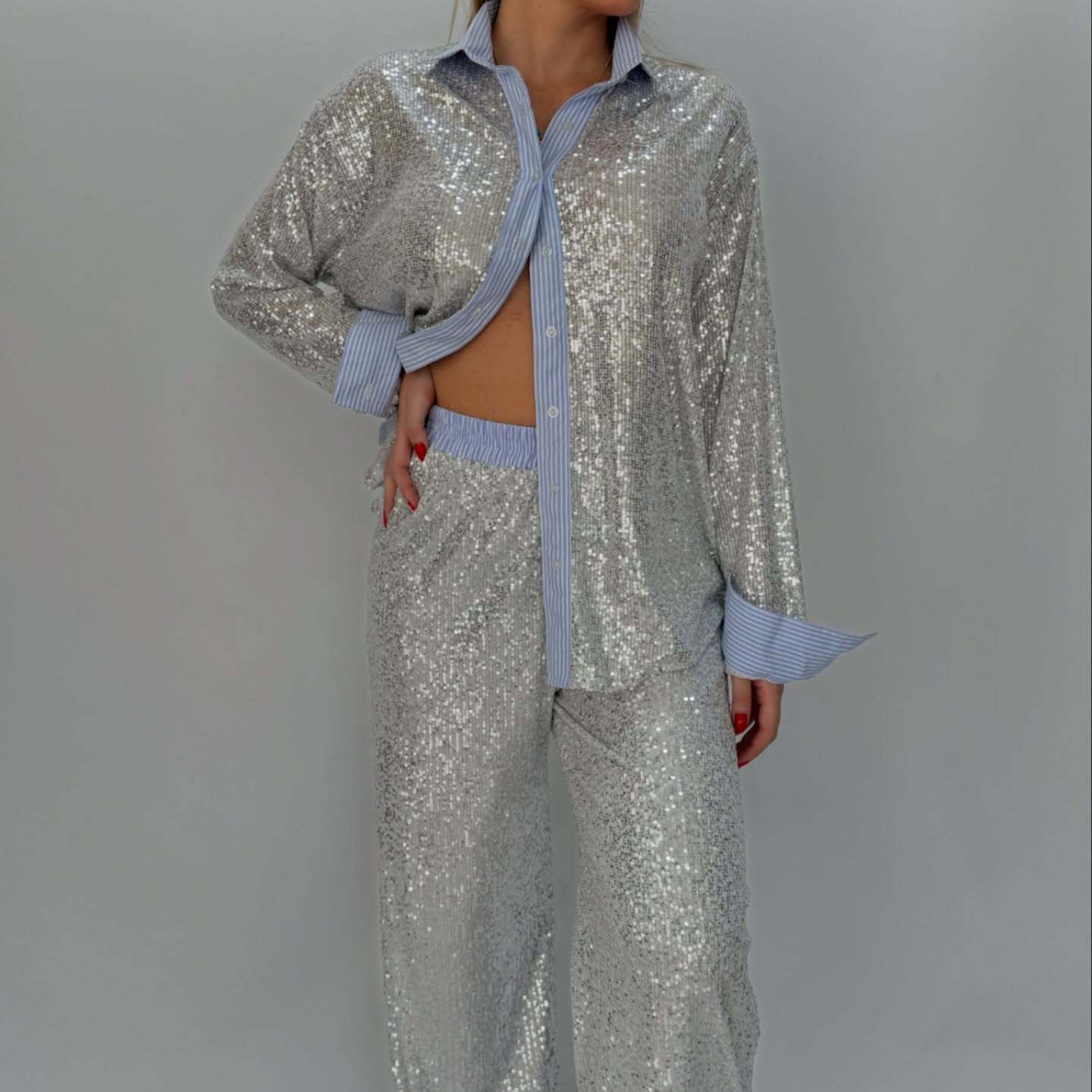 Pretty Loose Sequin Wide Leg Two-piece Fashion Casual Suit