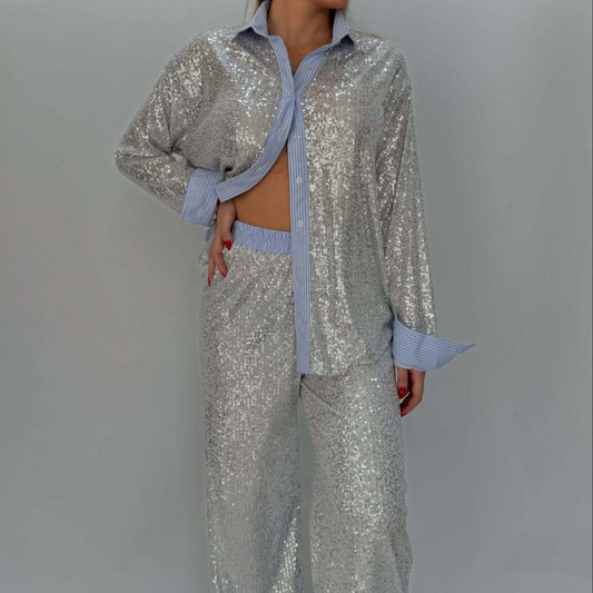 Pretty Loose Sequin Wide Leg Two-piece Fashion Casual Suit