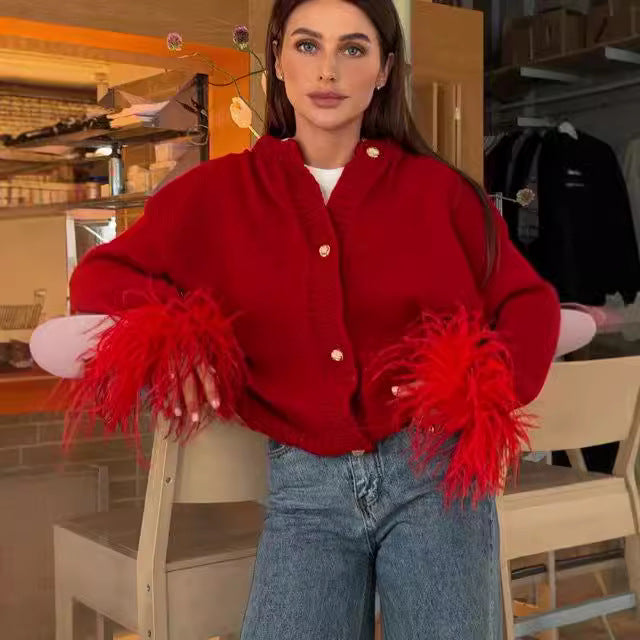 Women's Elegant Graceful Red Feather Design Knitted Knitwear