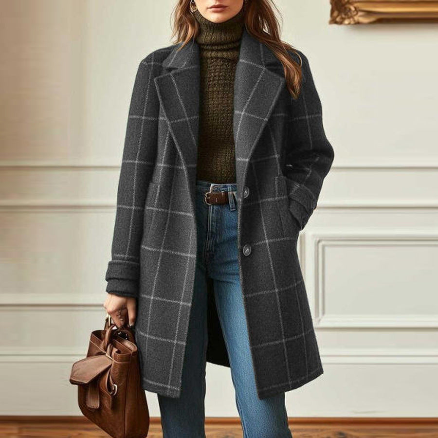 Women's Plaid Casual Temperament Mid-length Turn-down Collar Coats