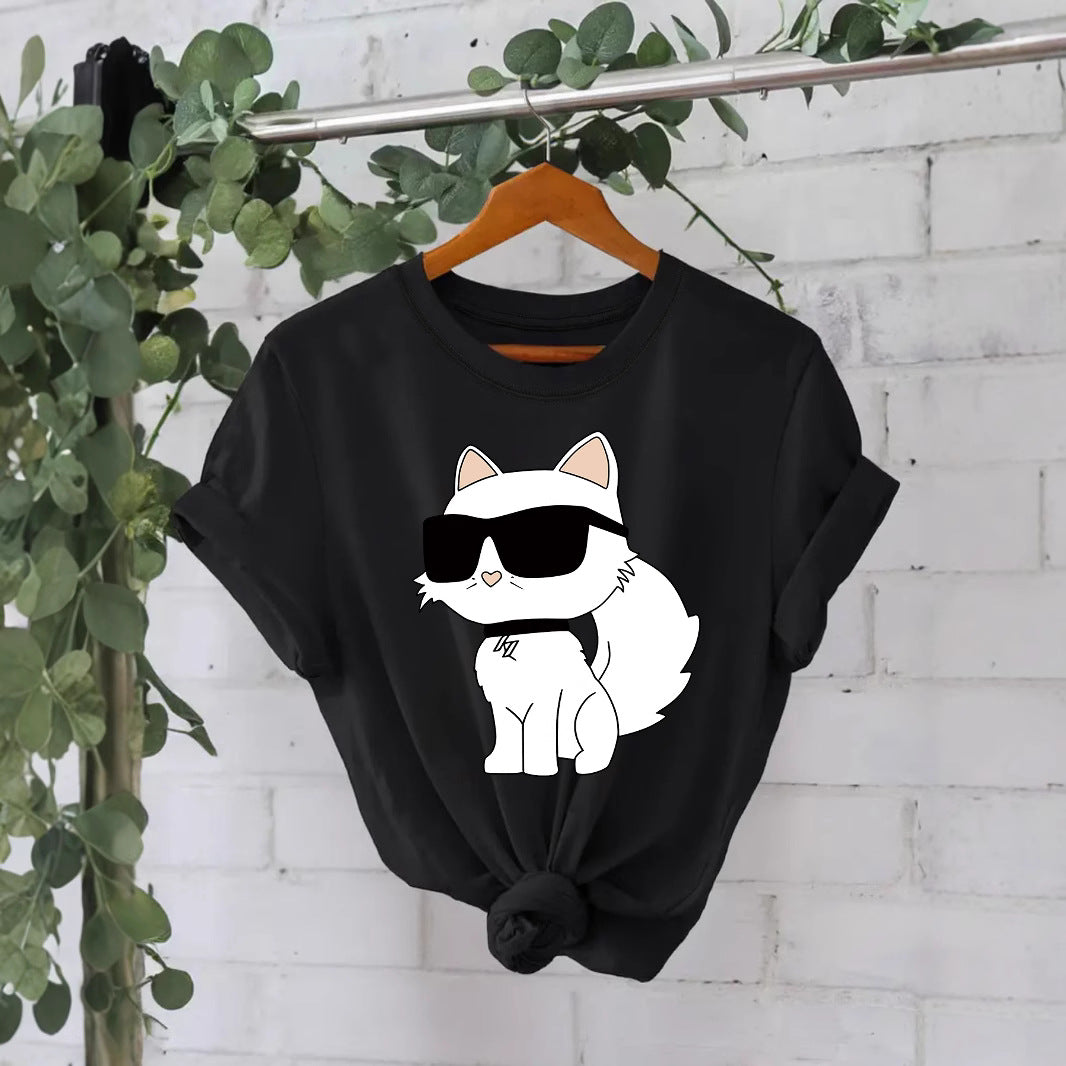 Casual Sleeve Female White Sunglasses Cat Summer Round Neck Women's T-shirt