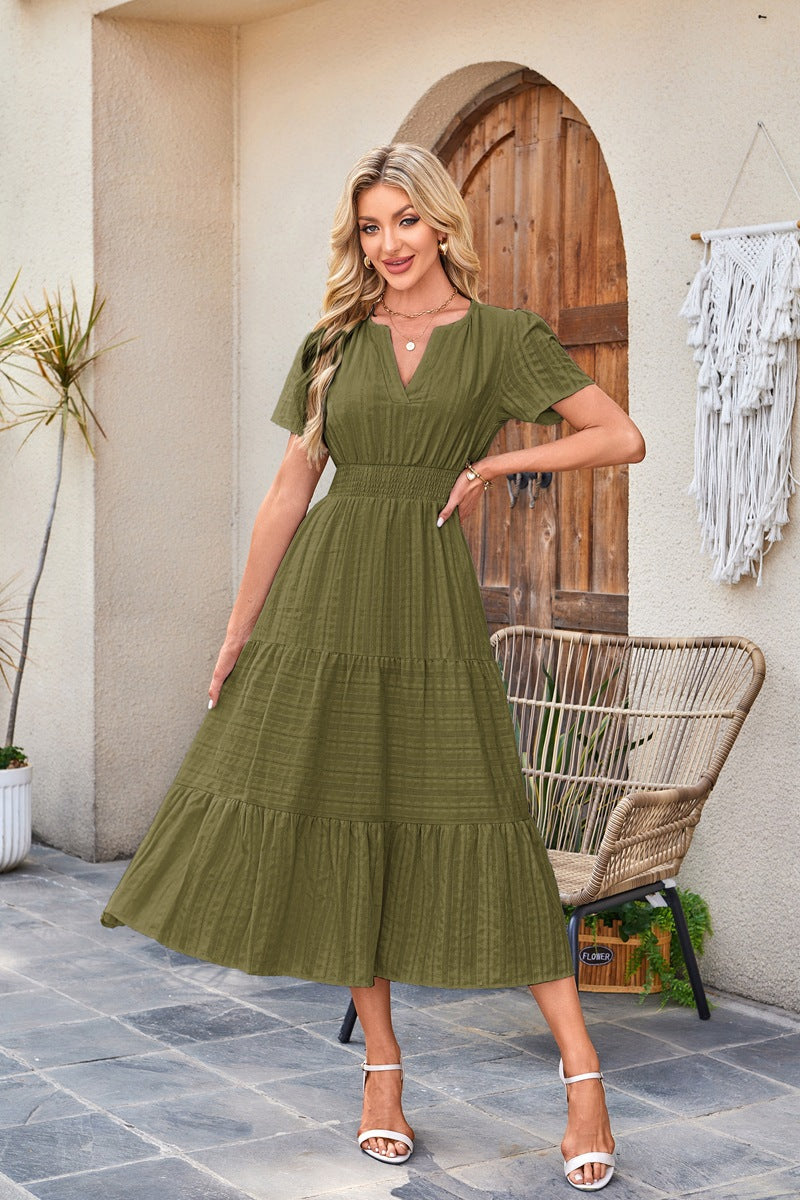 Women's Collar Pleating Puff Sleeve Large Swing Dresses