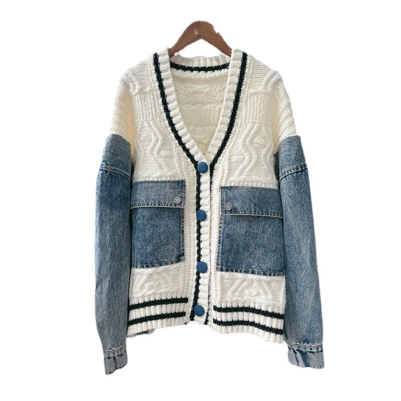 Women's Denim Patchwork Knitting Clothes Thickening Leisure Knitwear