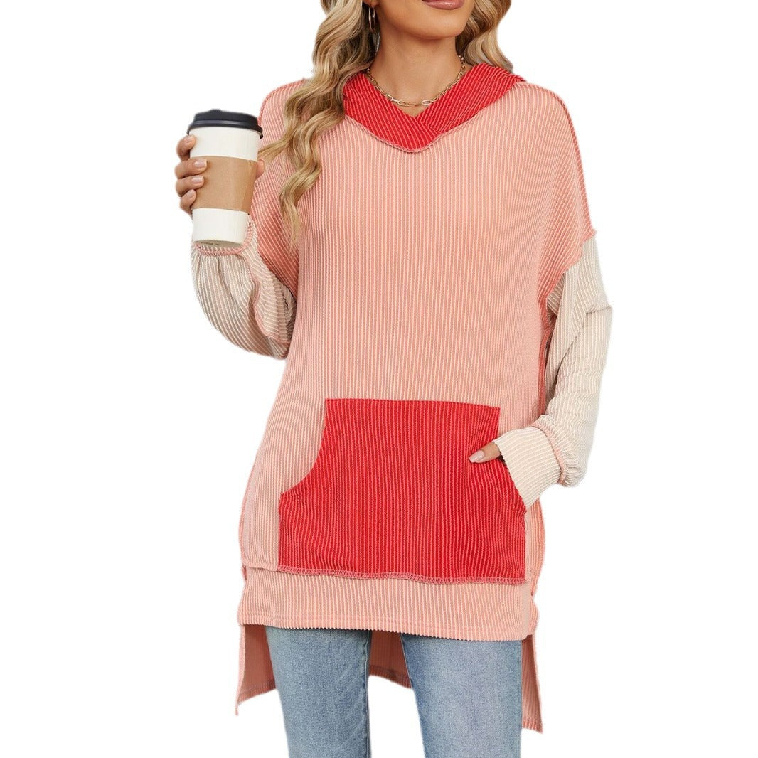 Women's Color Pocket Long Sleeve Loose Hooded Women's Sweater, Sweater