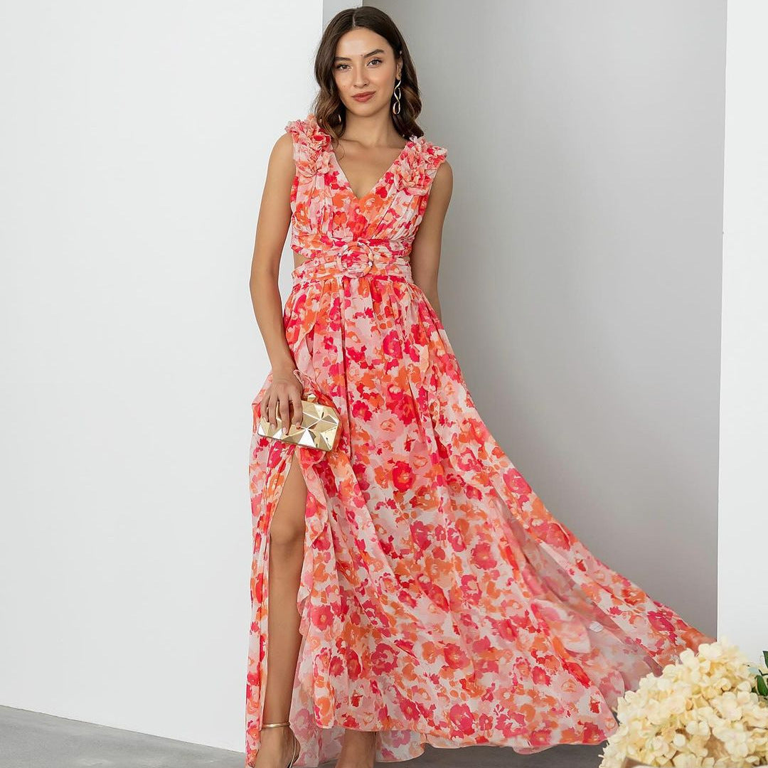 Summer Fashion Pastoral Print Backless Sexy Dresses