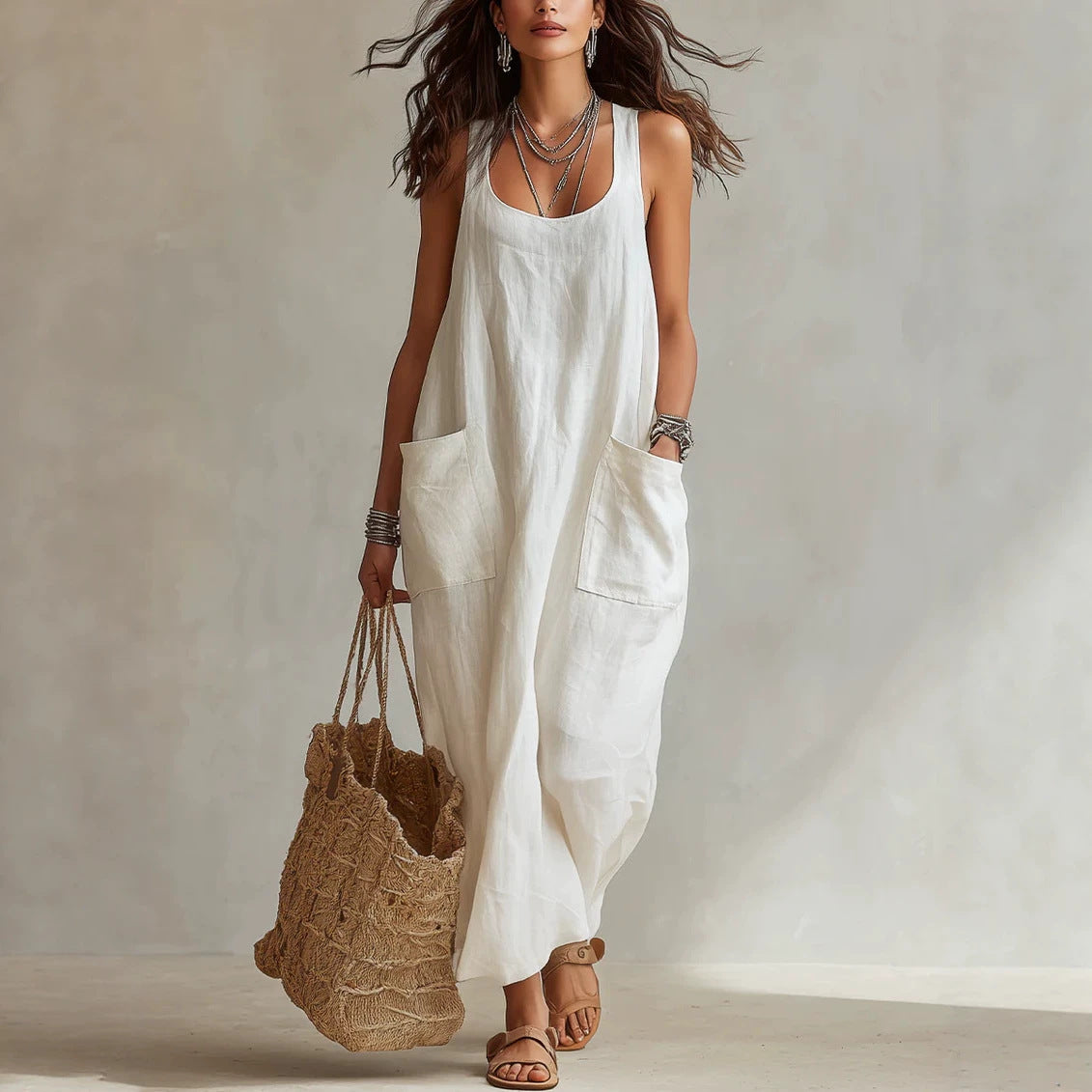 Summer Cotton Linen Temperament Leisure Pocket Dress