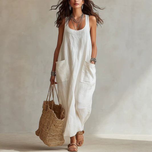 Summer Cotton Linen Temperament Leisure Pocket Dress
