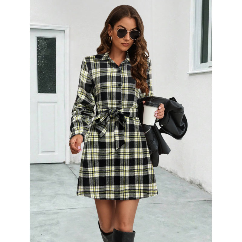 Versatile Women's Lantern Sleeve Plaid Shirt Dress