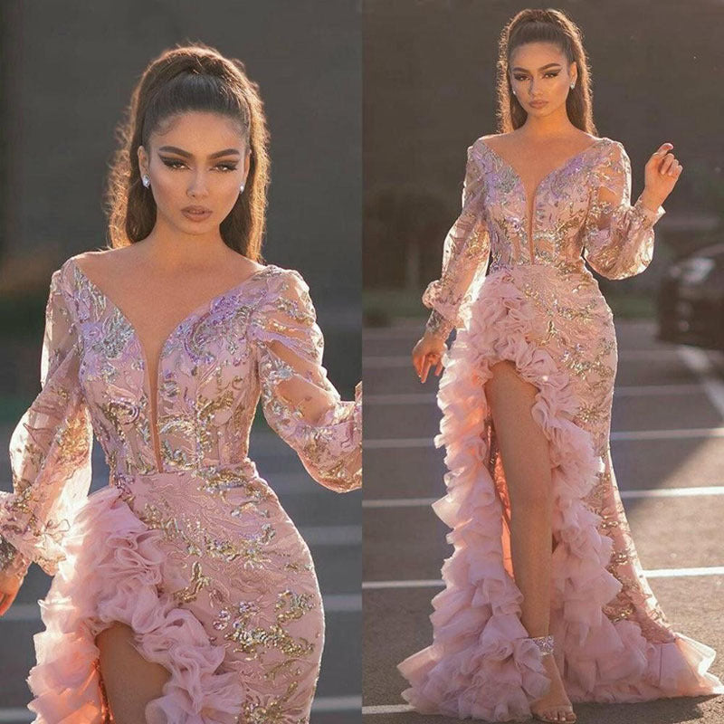 Sexy Hip Tail Sequin Pink Long Wedding Dresses