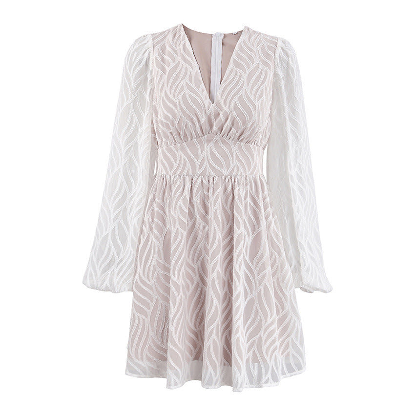 Women's Spring Elegant White Hollow Jacquard Lantern Sleeve Dresses