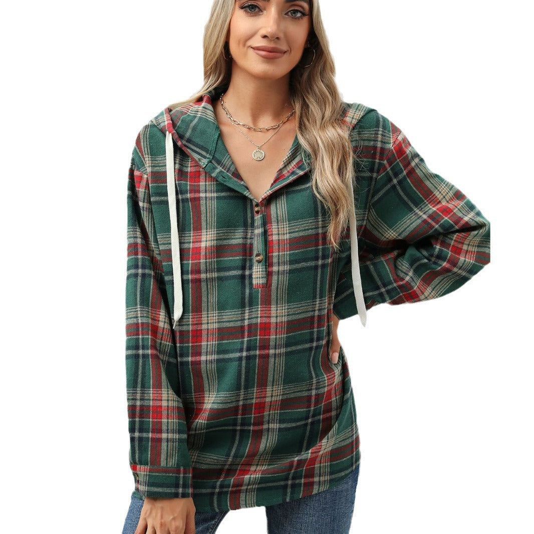 Women's Loose Long Sleeve Hooded Button Plaid Women's Sweater, Sweater
