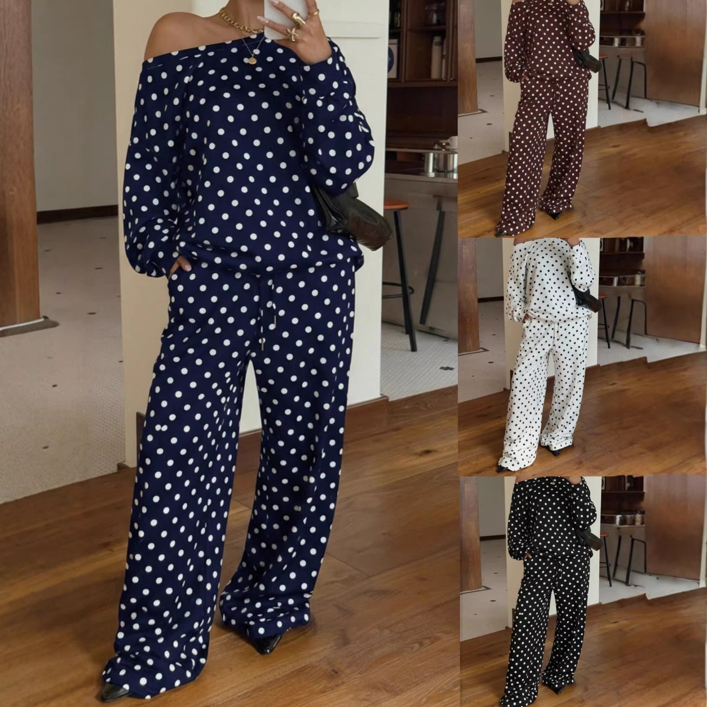 Women's Polka Dot Diagonal Collar Long Sleeve Pocket Drawstring Suits