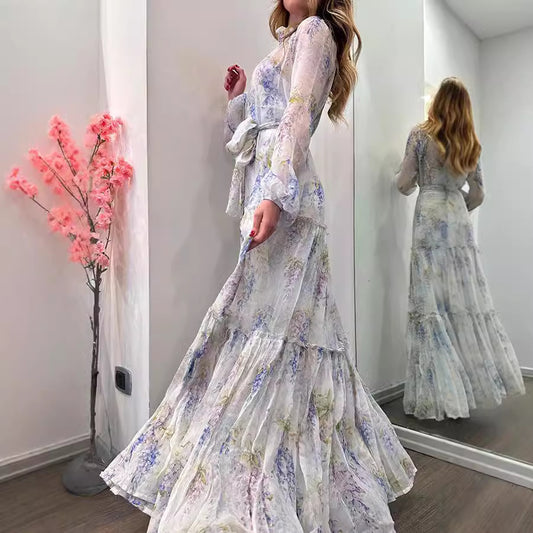 Women's Chiffon Printed Dress Large Swing Belt Dresses