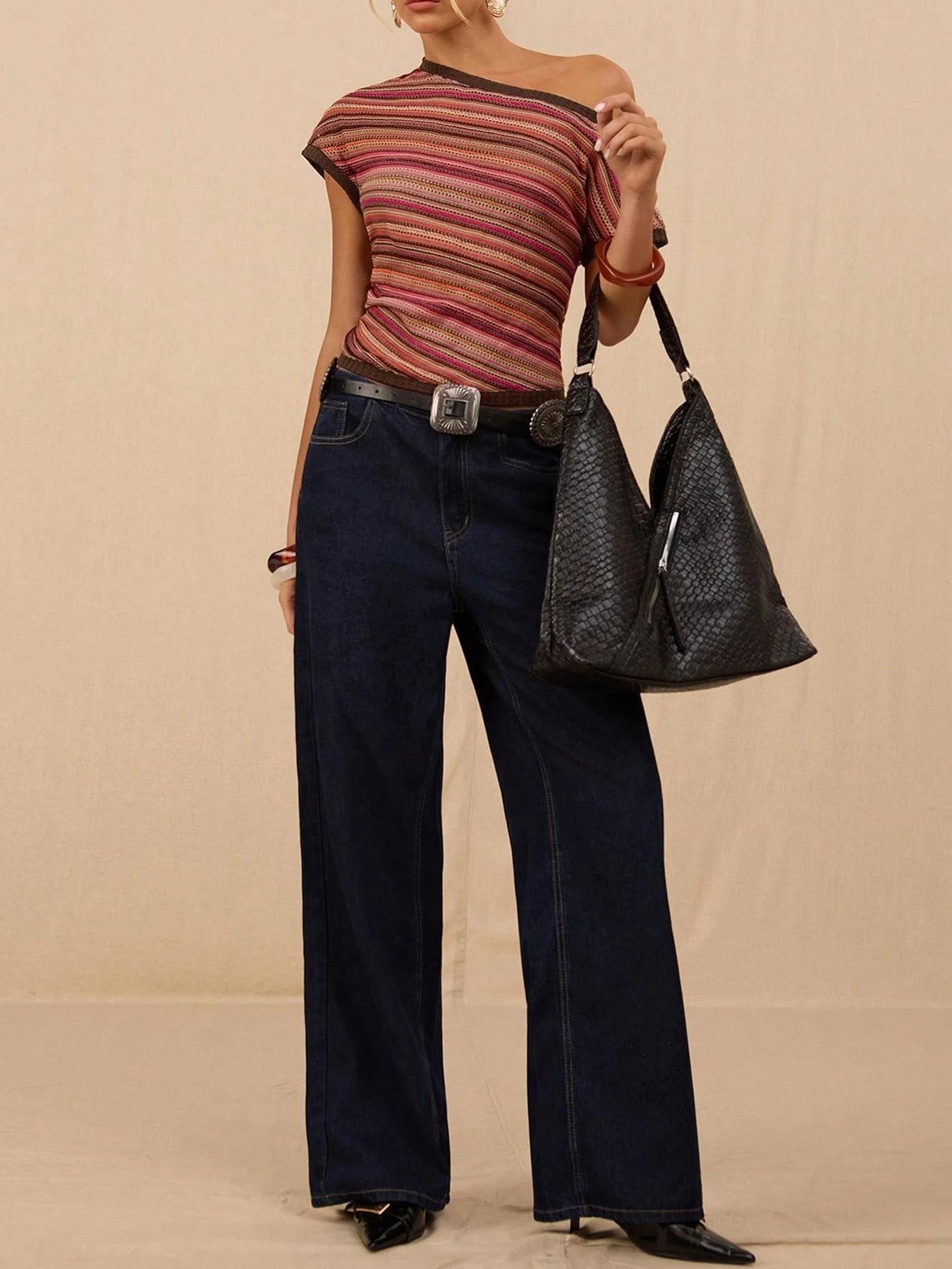 Women's Striped Retro Colorful Knitted Contrast Colors Sleeve Shoulder Women's T-shirt
