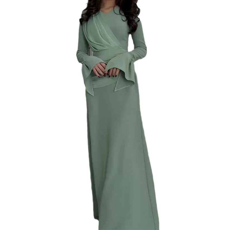 Flared Pleated Cross Overlay Strap Cinched Dresses