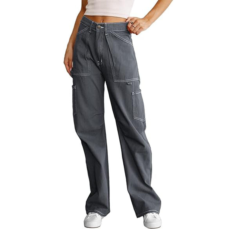 Women's Casual Six Pockets Straight High Waist Pants