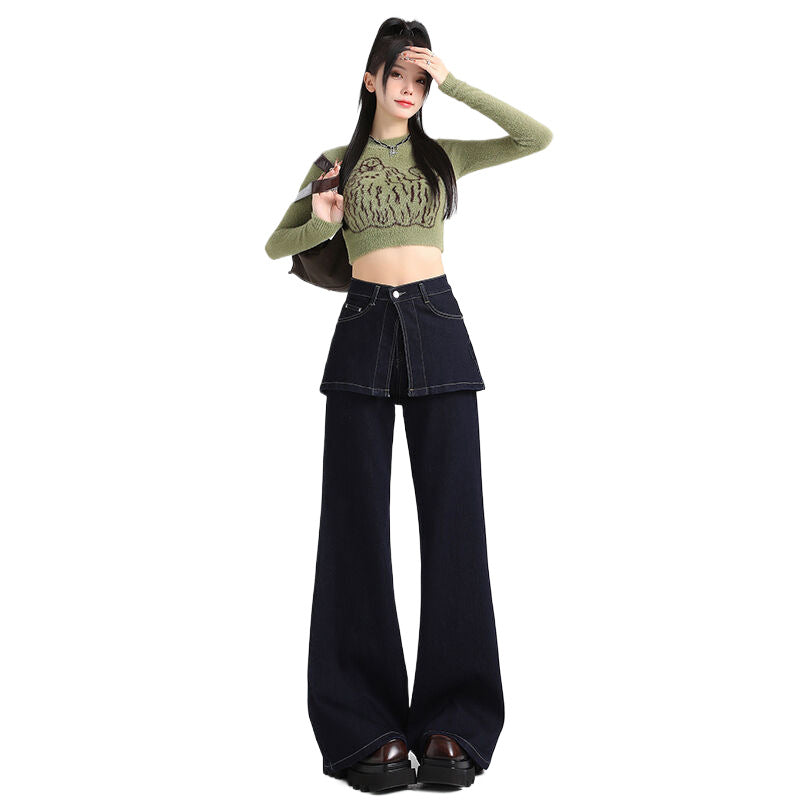 Women's Fake Two-piece Dark Blue Fart Curtain Jeans